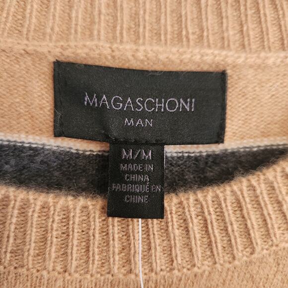 Magaschoni Man Men's Size Medium 100% Cashmere Tan/Navy Striped Long Sleeve NWT‎ - Picture 4 of 6